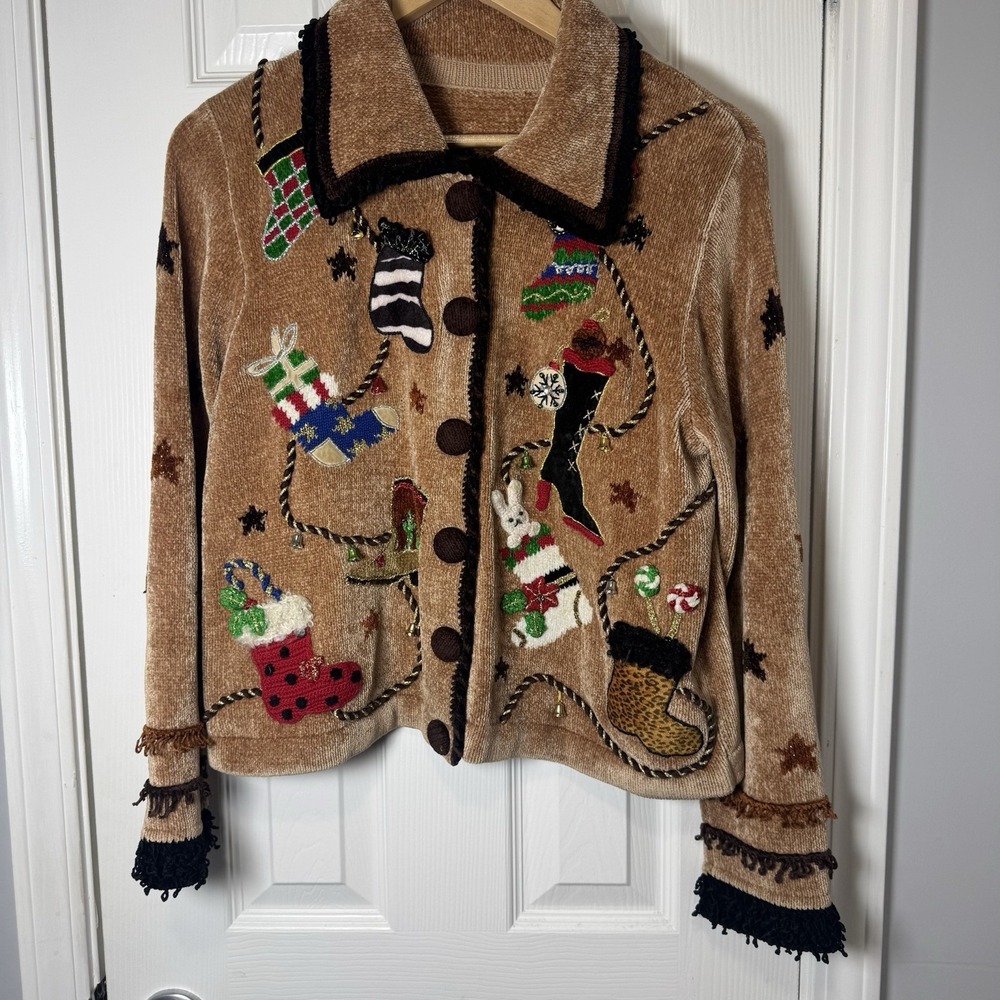 Vintage Christmas Sweater Cardigan by Berek Western Cowboy boots Womens‎ Med Lg